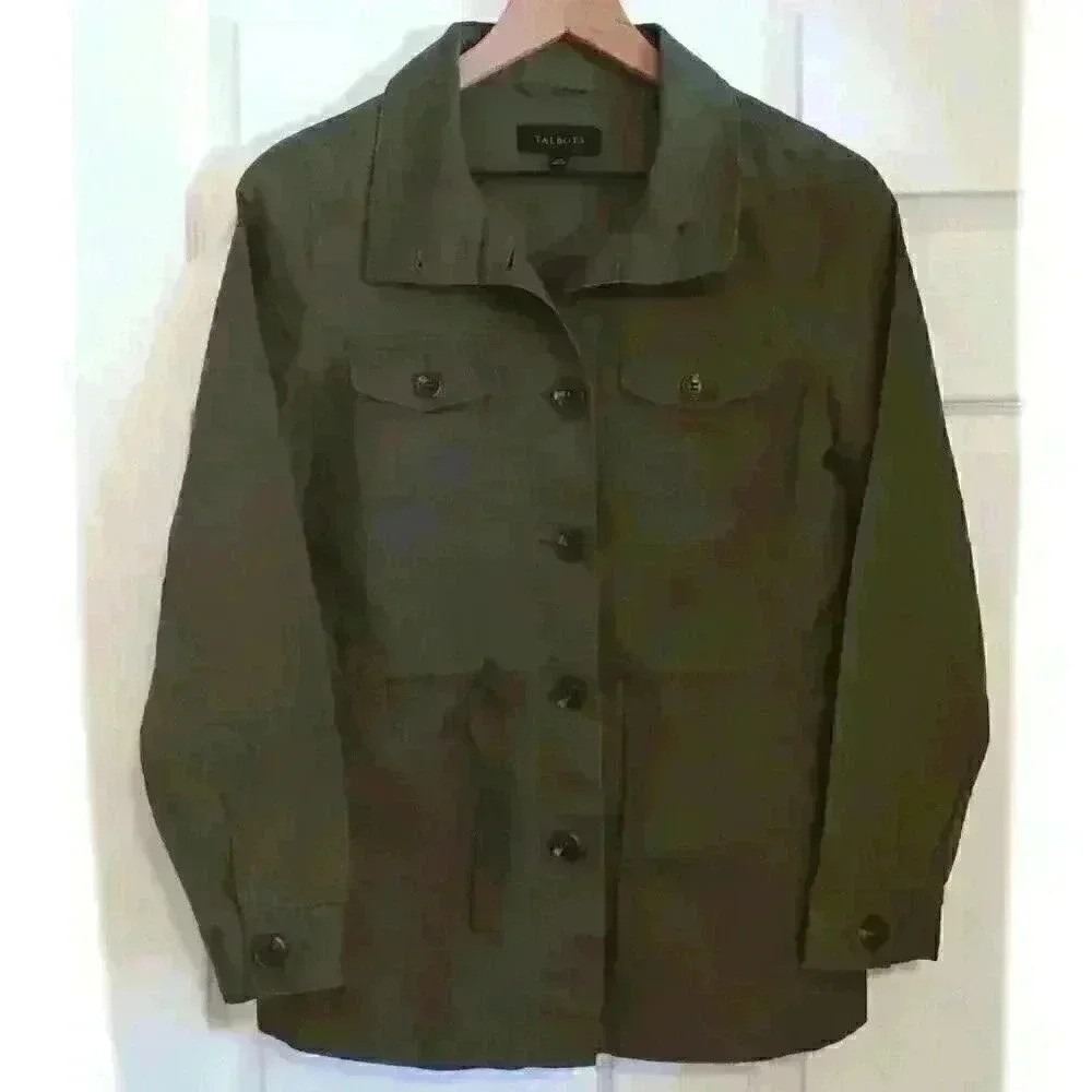 Talbots Womens Utility Drawstring Waist Field Jacket Size XS Olive Green Safari